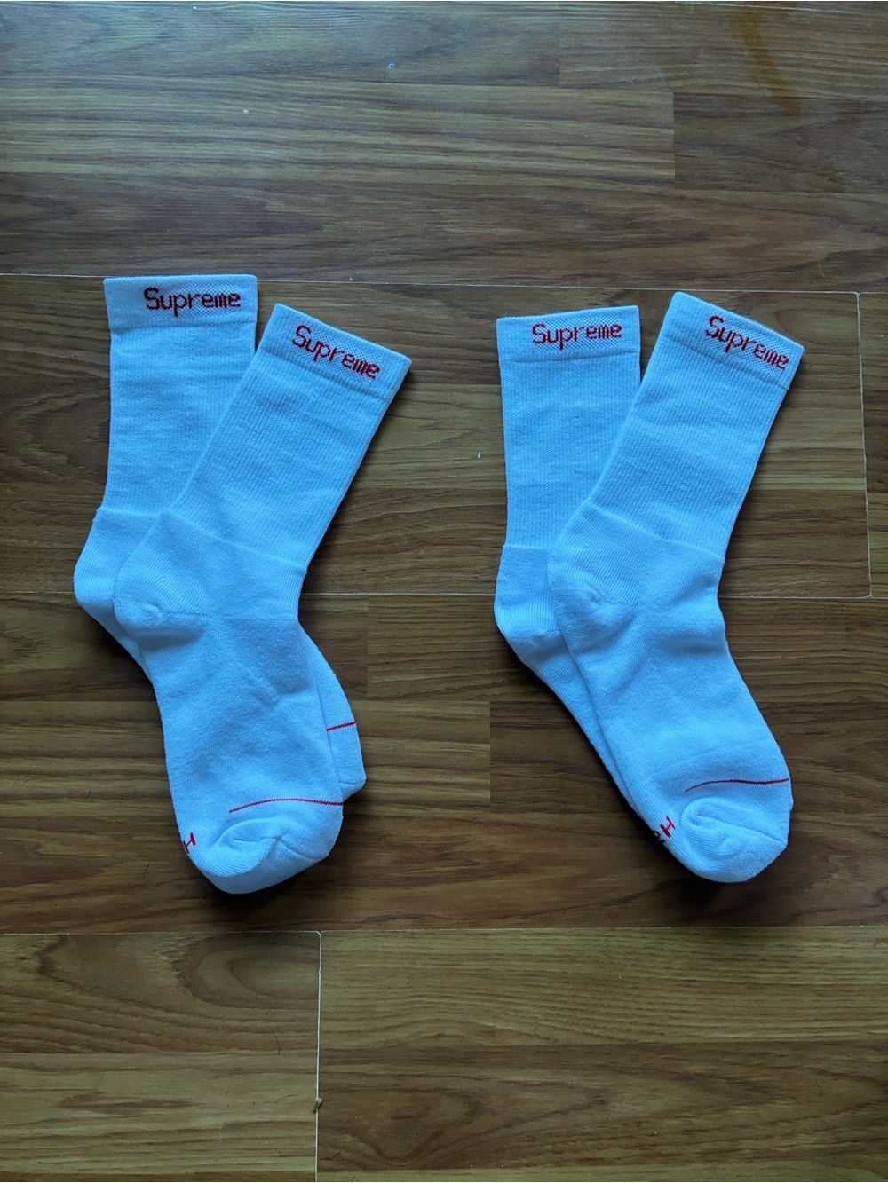 Supreme White Crew Socks with Red Logo Pair